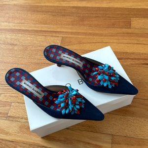 Manolo Blahnik Denim Mules w/ beaded Poms- kitten heel
